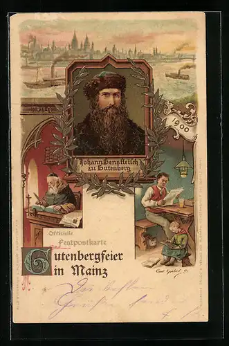 Lithographie Mainz, Gutenbergfeier, Buchdruck