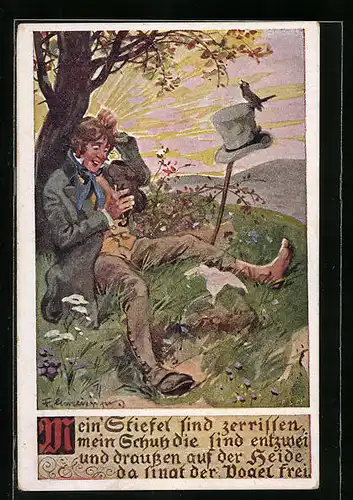 Künstler-AK F. Gareis: Mein` Stiefel sind zerrissen..., Wanderer auf der Wiese