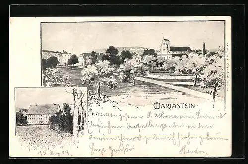 Lithographie Mariastein, Partie im Park mit Blick auf die Kirche