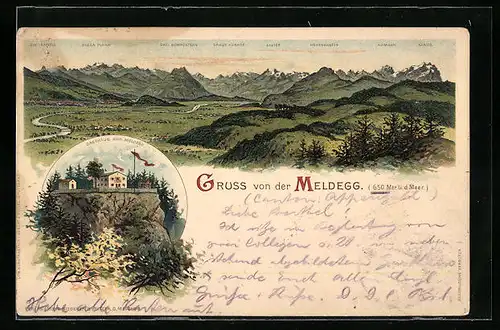 Lithographie Meldegg, Panorama der Region, Gasthaus zur Meldegg