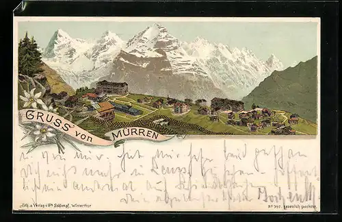 Lithographie Mürren, Blick auf den Ort in den Bergen