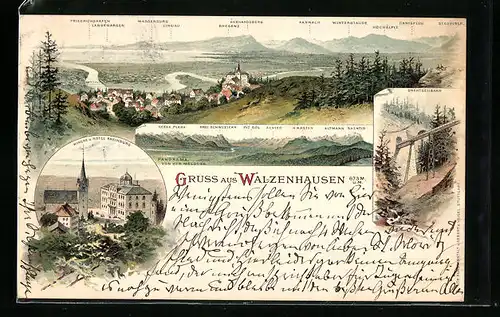 Lithographie Walzenhausen, Panorama des Ortes, Kirche und Hotel Rheinburg, Drahtseilbahn