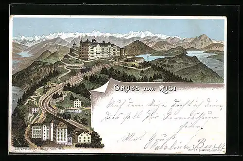 Lithographie Rigi, Panorama mit Blick auf die Berge