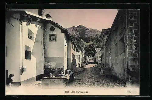 AK Alt-Pontresina, Strassenpartie mit Blick in Richtung Berge