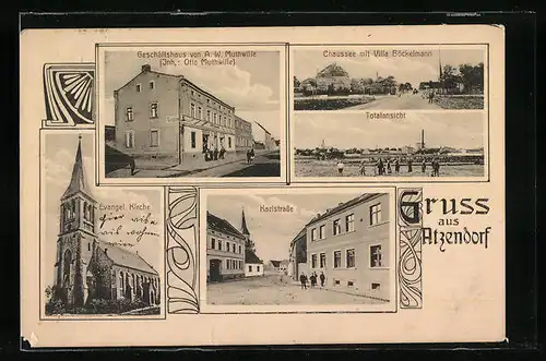 AK Atzendorf, Geschäftshaus v. A. W. Muthwille, Chaussee mit Villa Böckelmann, Karlstrasse, Evangel. Kirche, Totalansicht