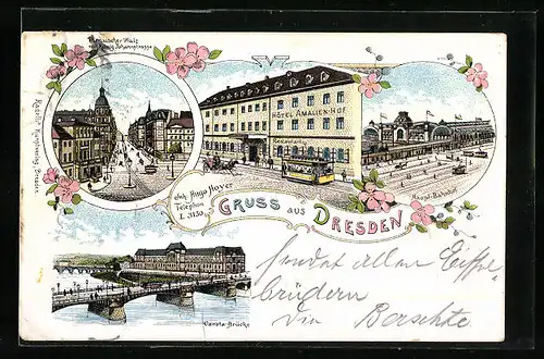 Lithographie Dresden, Hotel Amalienhof, Amalienstrasse 24, Pirnaischer Platz mit König Johannstrasse, Hauptbahnhof