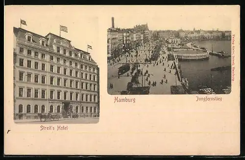 AK Hamburg-Neustadt, Streit`s Hotel, Jungfernstieg mit Strassenbahn