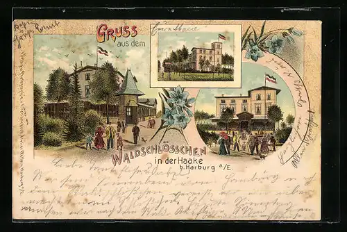 Lithographie Harburg a. E., Gasthaus Waldschlösschen in der Haake, Mehrfachansicht