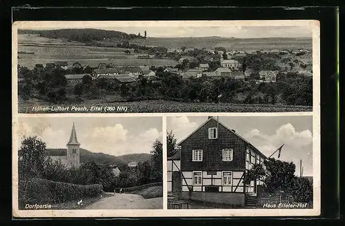 AK Pesch /Eifel, Pension Haus Eifeler-Hof, Dorfpartie mit Kirche, Teilansicht