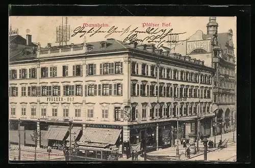 AK Mannheim, Hotel Pfälzer Hof mit Strassenbahn