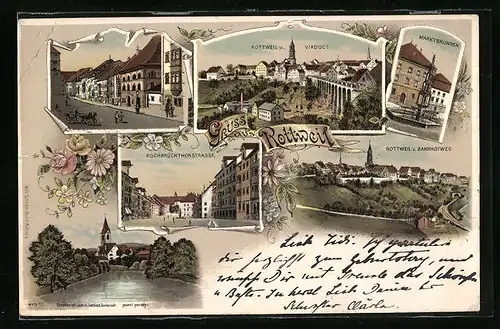 Lithographie Rottweil, Ortsansicht und Viaduct, Hochbrückthorstrasse, Ortsansicht und Bahnhofsweg