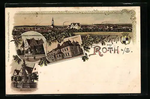 Lithographie Roth a. S., Ortsansicht, Turnhalle, Marktbrunnen