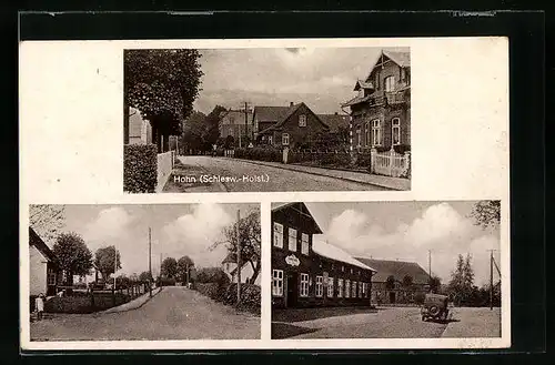 AK Hohn /Schlesw.-Holst., Auto vorm Gasthaus, Strassenpartie