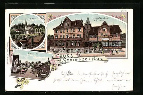 Lithographie Schierke i. Harz, Hoppes Gasthaus, Strasse, Kirche