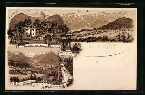 Lithographie Schönberg im Stubaital, Jagerhof am Schönberg mit Innthal