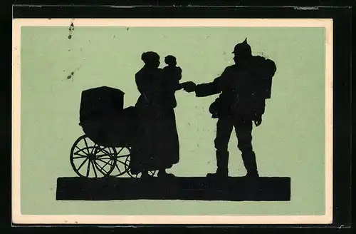 Künstler-AK sign. G. Stamm-Hagemann: Soldat mit Ausmarschgepäck verabschidet sich von seiner Familie, Scherenschnitt
