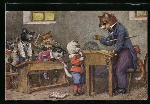 Künstler-AK Arthur Thiele: Anschauungs-Unterricht, Katzen in der Schule