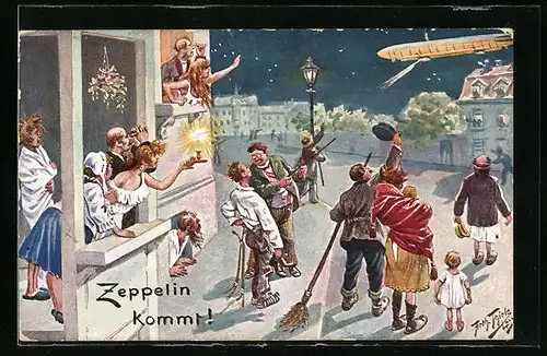 Künstler-AK Arthur Thiele: Bewohner begrüssen nachts den Zeppelin