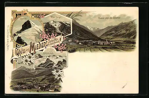 Lithographie Mieders, Ortsansicht gegen die Gletscher, Wilder Freiger