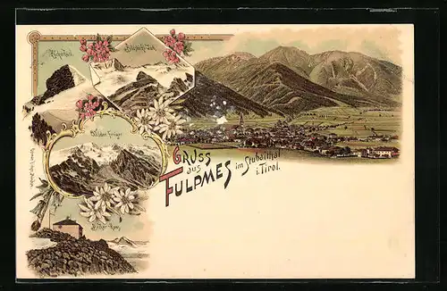 Lithographie Fulpmes, Totalansicht mit Becher-Haus