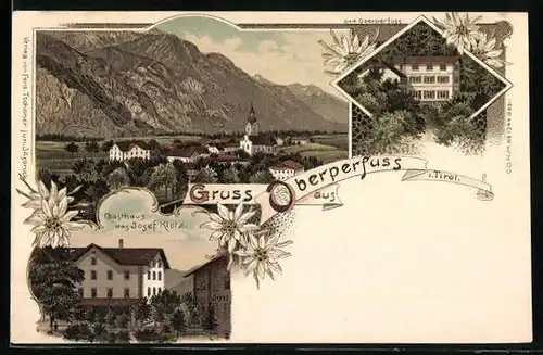 Lithographie Oberperfuss, Ortsansicht mit Gasthaus Josef Klotz