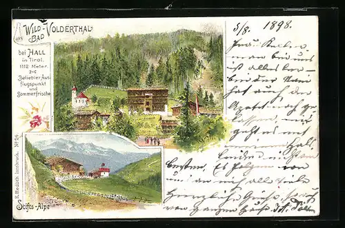 Lithographie Hall, Ortsansicht mit Stifts-Alpe