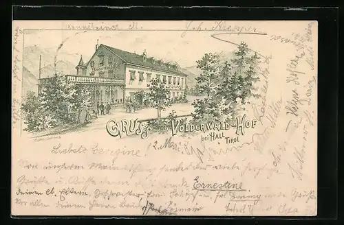 Lithographie Hall, Blick zum Gasthaus Volderwald-Hof