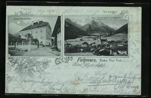 Mondschein-AK Fulpmes i. Stubaithal, Totalansicht gegen die Gletscher, Gasthof Pfurtscheller