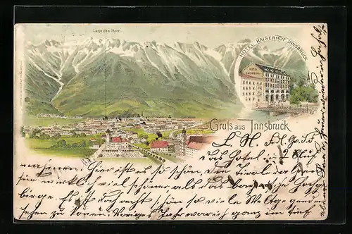 Lithographie Innsbruck, Ortsansicht mit Hotel Kaiserhof