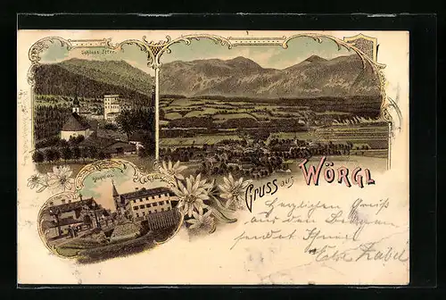 Lithographie Wörgl, Schloss Itter, Hauptplatz, Totalansicht aus der Ferne