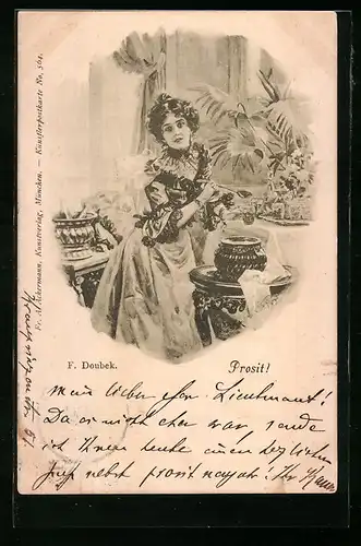 Künstler-AK Franz Doubek: Prosit!, Frau füllt sich Bowle in ein Glas