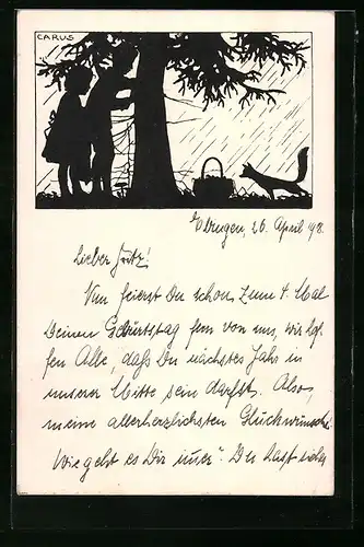 Künstler-AK Carus: Kinder beobachten einen Fuchs am Obstkorb, Schattenbild