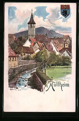 Künstler-AK Carl Biese: Müllnheim, Ortsansicht und Wappen