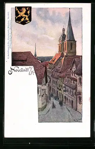 Künstler-AK Carl Biese: Neustadt a. H., Teilansicht, Wappen