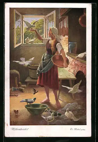 Künstler-AK Otto Kubel: Märchen Aschenputtel, Aschenputtel mit Tauben in der Küche