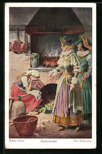 Künstler-AK Otto Kubel: Märchen Aschenputtel, böse Stiefschwestern mit Aschenputtel in der Küche