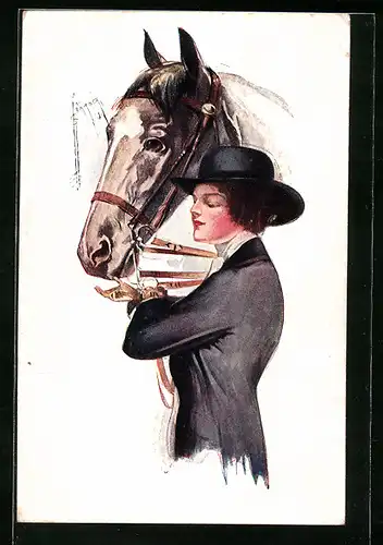 Künstler-AK Court Barber: Reiterin füttert ihr Pferd