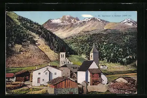 AK St. Gertraud in Sulden, Ortspartie mit Kirche