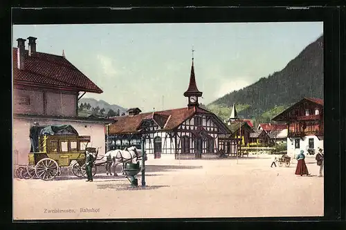 AK Zweisimmen, Bahnhof mit Postkutsche