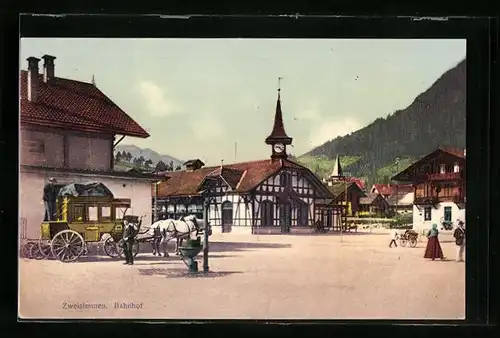 AK Zweisimmen, Postkutsche vor dem Bahnhof