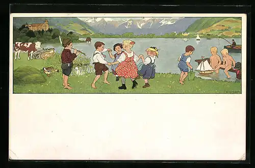 Künstler-AK Gertrud Caspari: Sommerluft, Kinder tanzen ausgelassen auf einer Blumenwiese