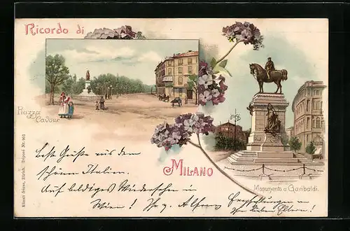 Lithographie Milano, Piazza Cavour, Monumento a Garibaldi