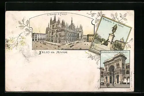 Lithographie Milano, il Duomo di Fianco, Monumento a Cavour, Arcodella Galleria a Vittorio Emanuele