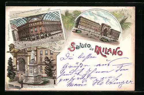 Lithographie Milano, Portici di Piazza del Duomo, Piazza della Scala col Monumento al Leonardo