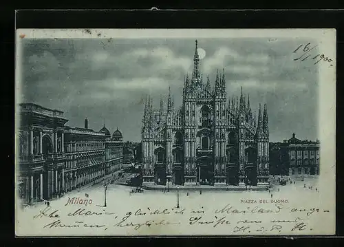 Mondschein-AK Milano, Piazza del Duomo