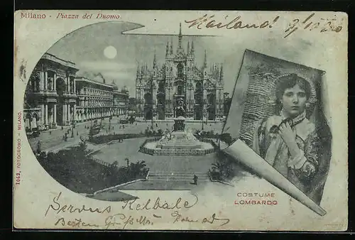 Mondschein-AK Milano, Piazza del Duomo, Costume Lombardo