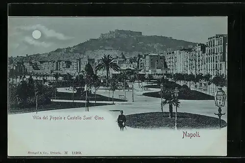 Mondschein-AK Napoli, Villa del Popolo e Castello Sant'Elmo