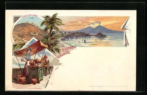 Lithographie Napoli, Funiculare, Panorama, Venditrice d'Acque Minerali