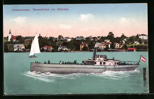AK Seewalchen am Attersee, Dampfer mit Ortsblick