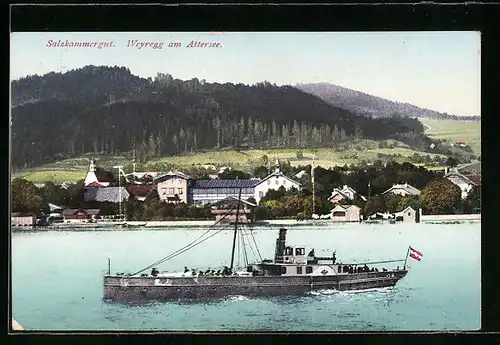 AK Weyregg am Attersee, Gesamtansicht mit Dampfer